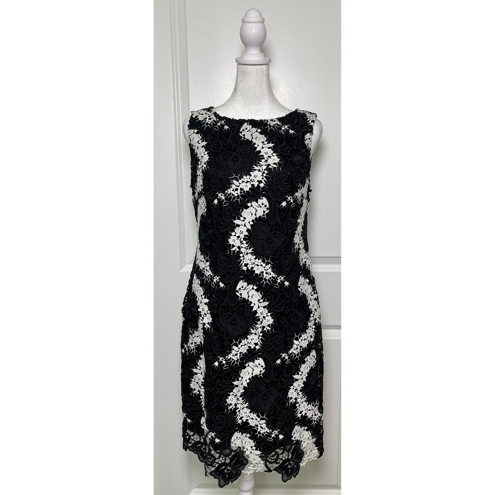 Wallis Women‎ Black White Floral Guipure Lace Sleeveless Dress Size 6 Cocktail